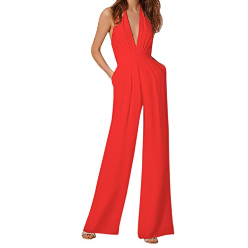 semen Damen Jumpsuit Neckholder Rückenfrei Ärmellos Lange Schlaghosen Tief V-Neck Hosenanzug Abendemode Festlich Overall von semen