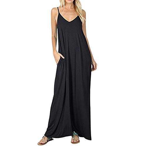 semen Damen Kleid Maxilang Spaghettiträger V-Ausschnitt Einfarbig Leicht Weich Lose Fit Maxikleid Freizeit Casual Strandkleid Sommerkleid von semen