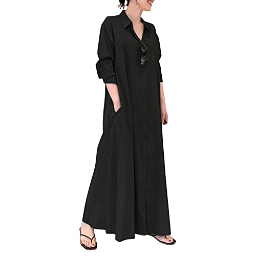 semen Damen Maxikleider V Ausschnitt Elegant Langarm Kaftan Kleider Lang Tunika Hemdkleid mit Tasche von semen