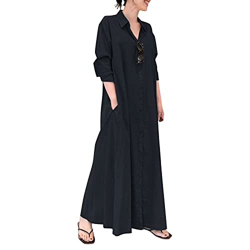 semen Damen Maxikleider V Ausschnitt Elegant Langarm Kaftan Kleider Lang Tunika Hemdkleid mit Tasche von semen