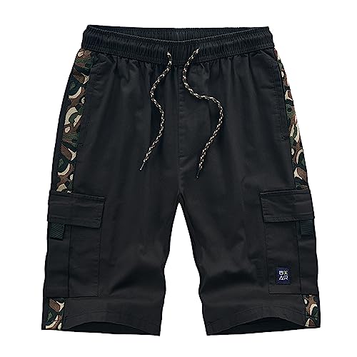 semen Herren Cargo Shorts kurz Sommer Bermuda Casual Elastischer Bund Wandershorts einfarbig Baumwolle Freizeithose Laufshorts mit Taschen Schwarz 48 von semen