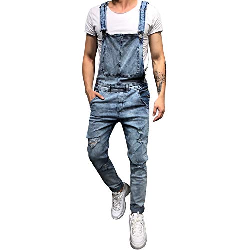 semen Herren Jeans Latzhose Lang Denim Hip Hop Destroyed Ripped Overall Arbeitshose Skinny Männer Röhrenhose Jeanshose von semen