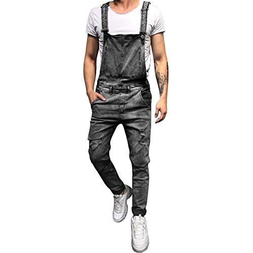 semen Herren Jeans Latzhose Lang Denim Hip Hop Destroyed Ripped Overall Arbeitshose Skinny Männer Röhrenhose Jeanshose von semen