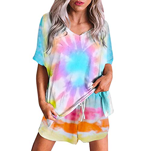 semen Schlafanzug Set Damen Nachtwäsche Pyjama 2-Teilige V Ausschnitt Kurzarm Shirt Oberteile+Shorts Elastischer Bund mit Tunnelzug 42EU bunt von semen