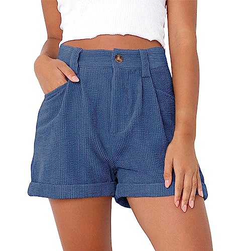 semen Sommershorts Damen Casual Cordhose hoher Taille Hotpants Weite lose Kurze Hose mit Taschen Blau 40 von semen