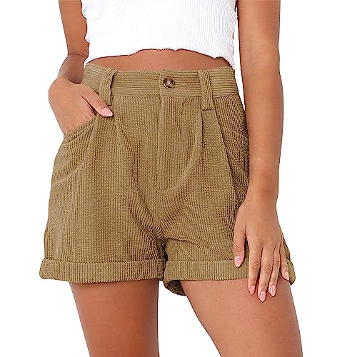 semen Sommershorts Damen Casual Cordhose hoher Taille Hotpants Weite lose Kurze Hose mit Taschen Khaki 32 von semen