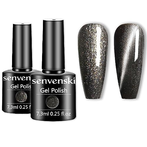 Senvenski Schwarz Grau Gel Nagellack Set, Grau Magnetisch Cat Eye Nagellack Glitzer UV LED Gift Kit Kinder Mädchen (CS2-011) von senvenski