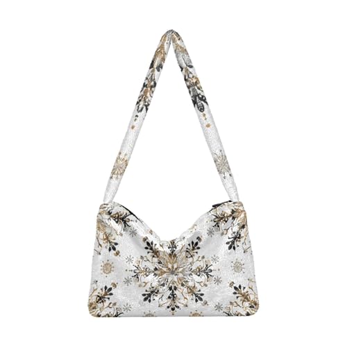 Plüsch Unterarmtasche Schneemann Schal Muster Flauschige Schultertasche Geldbörse Handtasche Damen Herbst Winter Tote, Goldene Schneeflocken, Einheitsgröße von senya