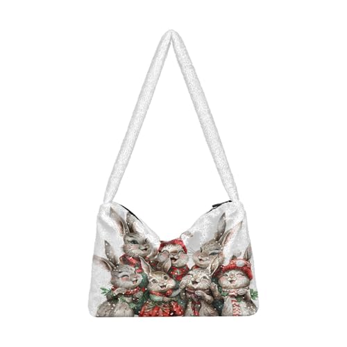 Plüsch Unterarmtasche Schneemann Schal Muster Flauschige Schultertasche Geldbörse Handtasche Damen Herbst Winter Tote, Weihnachtskaninchen, Einheitsgröße von senya