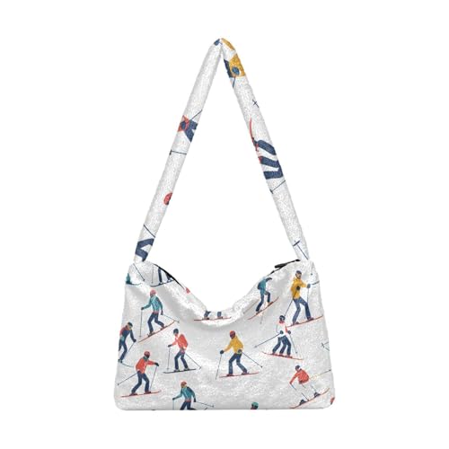 Plüsch Unterarmtasche Schneemann Schal Muster Flauschige Schultertasche Geldbörse Handtasche Damen Herbst Winter Tote, Wintersport-Skifahrer, Einheitsgröße von senya