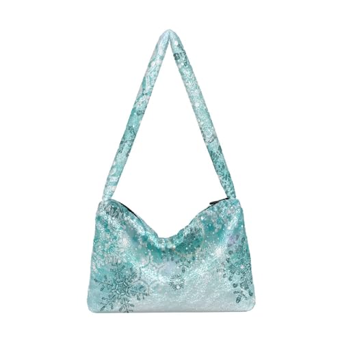 Plüsch Unterarmtasche Silber Winter Blaugrün Türkis Schneeflocken Weihnachten Flauschige Schultertasche Geldbörse Handtasche Damen Herbst Winter Tote Bag von senya