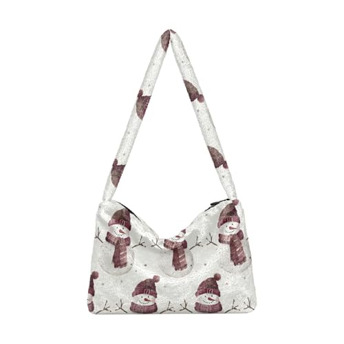 Plüsch-Unterarmtasche mit Schneemann-Schal-Muster, flauschige Umhängetasche, Handtasche, Damen, Herbst und Winter, Weihnachts-Schneemann, Einheitsgröße von senya