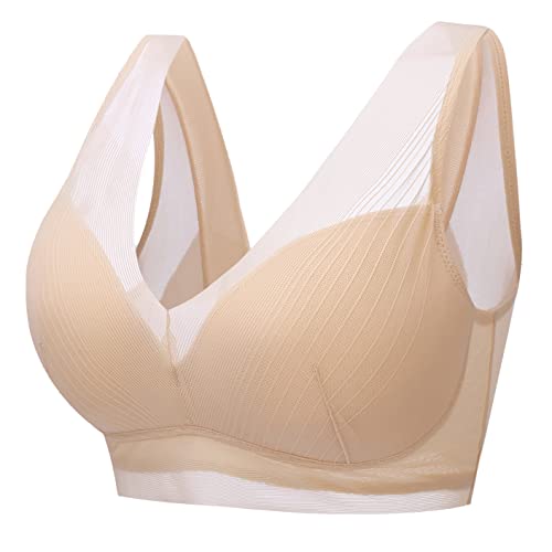 Damen BH ohne Bügel gepolstert Spitzen BH aus Mesh Soft BH V-Ausschnitt Yoga BH Schlaf Bustier breite Träger,XL von seryero