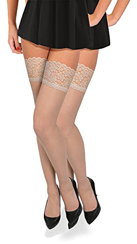 sesto senso 2 Paar Halterlose Feinstrümpfe 20 Den Strümpfe mit Spitze Damen Beige Elfenbein Hautfarbe M/L Pouder von sesto senso