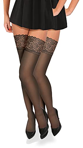 sesto senso 2 Paar Halterlose Feinstrümpfe 20 Den Strümpfe mit Spitze Damen Braun M/L Avana von sesto senso