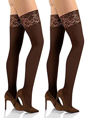 sesto senso 2 Paar Halterlose Strümpfe Blickdicht 40 Den mit Spitze Damen M/L Caffe Dark Beige von sesto senso