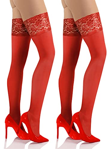 sesto senso 2 Paar Halterlose Strümpfe Blickdicht 40 Den mit Spitze Damen XL/XXL Red Rot von sesto senso