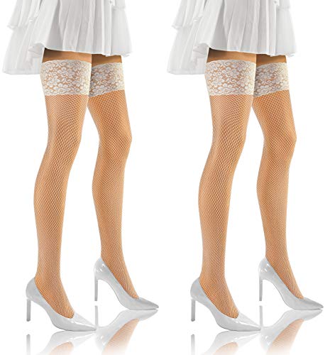 sesto senso 2 paar Halterlose Netzstrümpfe Spitzenstrümpfe Feinmaschige Strümpfe Spitze 3XL-4XL Weiß von sesto senso