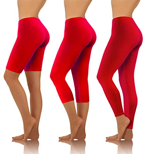 sesto senso 3 Paar Damen Sport Leggings Verschiedene Beinlängen Baumwolle Bunt Yoga Fitness Hose 1/2 Länge Kurz + 3/4 Länge + Langes Bein L Rot von sesto senso
