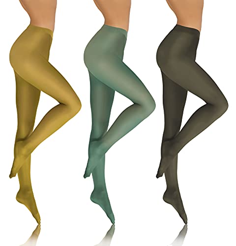 sesto senso 3 Paar Damen Strumpfhose Blickdicht 70 DEN Microfaser Senfgelb Hellgrün Khaki 2 XS-S SET6 von sesto senso