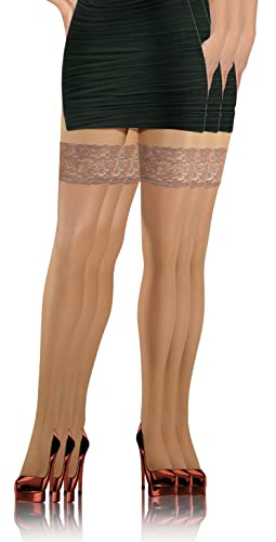 sesto senso 3 Paar Halterlose Strümpfe mit Spitze 8 DEN Feinstrümpfe Dünn Damen Beige Hautfarbe XL/XXL Antilope von sesto senso