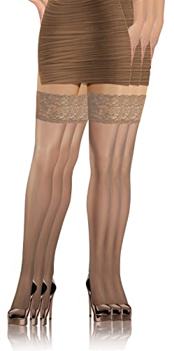 sesto senso 3 Paar Halterlose Strümpfe mit Spitze 8 DEN Feinstrümpfe Dünn Damen Beige XL/XXL Sabia von sesto senso