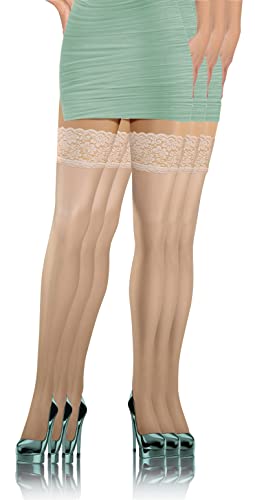 sesto senso 3 Paar Halterlose Strümpfe mit Spitze 8 DEN Feinstrümpfe Dünn Damen Cremefarben elfenbein 3XL/4XL Pouder von sesto senso