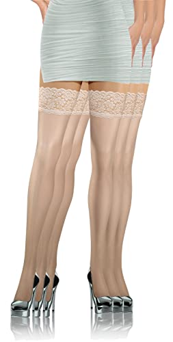 sesto senso 3 Paar Halterlose Strümpfe mit Spitze 8 DEN Feinstrümpfe Dünn Damen Weiß 1/2 White von sesto senso