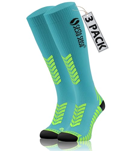sesto senso 3 Paar Kompressionsstrümpfe Sport Damen Herren Unisex Bunt Hohe Sportsocken Laufsocken Türkis 35-38 3 pack Turquise von sesto senso