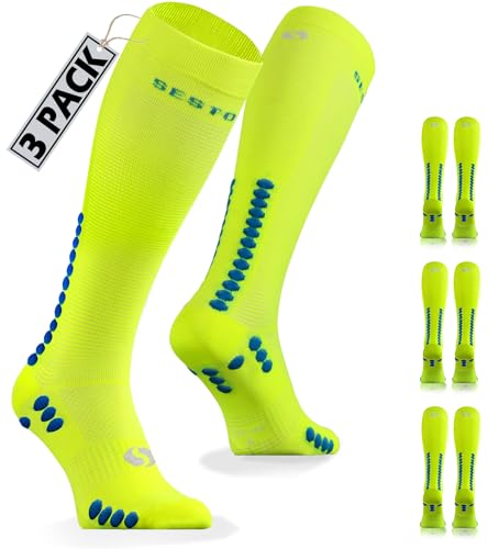 sesto senso 3 Paar Kompressionsstrümpfe Sport Gelb Neon Hohe Sportsocken Wadensocken Laufsocken 47-50 Yellow von sesto senso