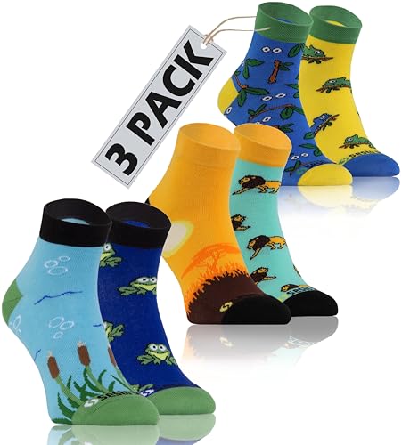 sesto senso 3 Paar Lustige Kurze Socken Bunte Verrückt Baumwolle Süße Sneakersocken Gemusterte Tiere Frosch Chamäleon Löwe 35-38 ANIMALS von sesto senso