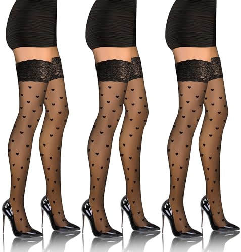 sesto senso 3 Pack Damen Halterlose Strümpfe mit Muster Herzmuster 20 DEN Spitzenstrümpfe Schwarz XL/XXL Hearts von sesto senso