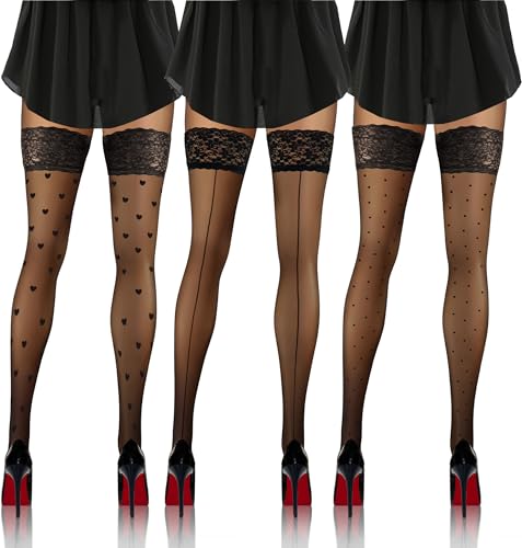 sesto senso 3 Pack Damen Halterlose mix naht Punkt Herz mit Rückennaht Muster 20 DEN Spitzenstrümpfe Schwarz 1/2 Naht von sesto senso