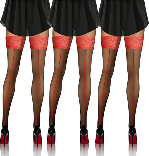 sesto senso 3 Pack Damen Halterlose naht-strümpfe 20 DEN Spitzenstrümpfe Schwarz Rot 3/4 PD_07 Rote Naht von sesto senso