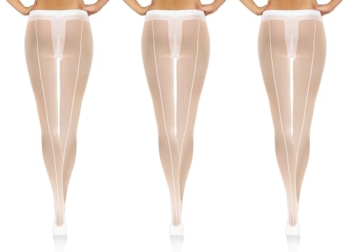 sesto senso 3 Pack Nahtstrumpfhose Damen Muster 20 Den Transparent Gemusterte mit Rückennaht Weiß Weiss 3 von sesto senso