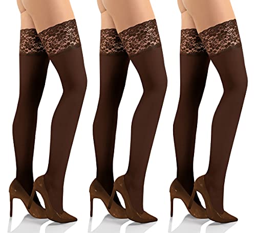 sesto senso 3 paar Halterlose Strümpfe 50 DEN Spitze Mikrofaser Blickdicht Damen Braun 1/2 Caffe von sesto senso