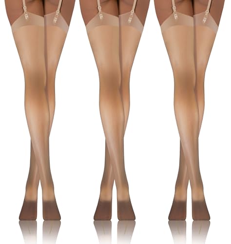 sesto senso 3er Pack Strapsstrümpfe 20 Den Strumpfhose mit Strumpfhalter Strapse Strümpfe zum Anstrapsen 7/8 3XL/4XL Beige von sesto senso