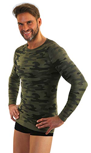 sesto senso Camouflage Funktionsunterhemd Langarmshirt Herren Rundhals Funktionsunterwäsche Tarnung XL Grün von sesto senso