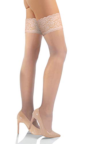 sesto senso Halterlose Strümpfe Damen 15 DEN Feinstrümpfe mit Spitze ecru Elfenbein XL/XXL Pouder von sesto senso