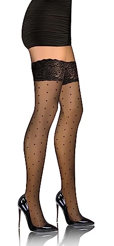 sesto senso Damen Halterlose Strümpfe mit Muster Punktmuster 20 DEN Spitzenstrümpfe Schwarz 3XL/4XL Dots von sesto senso