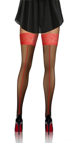 sesto senso Damen Halterlose naht-strümpfe 20 DEN Spitzenstrümpfe Schwarz Rot 3XL/4XL PD_07 Rote Naht von sesto senso