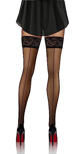 sesto senso Damen Halterlose naht-strümpfe mit Rückennaht Muster 20 DEN Spitzenstrümpfe Schwarz 1/2 Naht von sesto senso