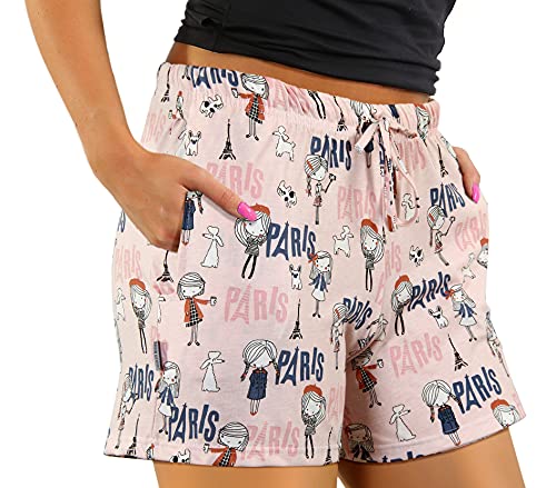 sesto senso Damen Loungehose Schlafanzughose Kurz Shorts Baumwolle Schlafhose Webshort L 2543/04 Paryz Rosa von sesto senso