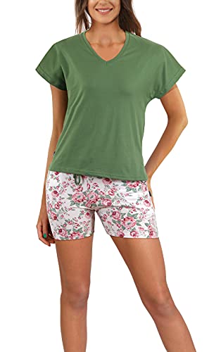 sesto senso Damen Pyjama Set Kurzarm Pyjamahose Kurz Baumwolle Zweiteilige Schlafanzug v Ausschnitt XXL Grün Blumen 2508/01 von sesto senso