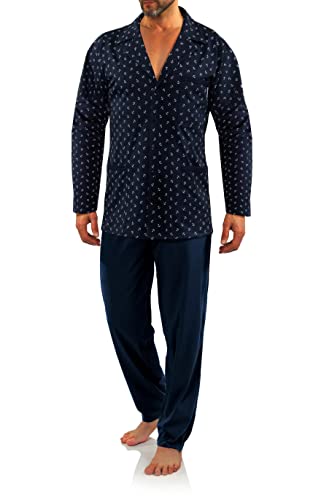 sesto senso Eleganter Herren Schlafanzug Lang zum Knöpfen 100% Baumwolle Pyjama mit Knopfleiste M2 3XL Anker Dunkel Blau von sesto senso