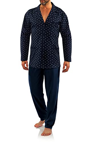 sesto senso Eleganter Herren Schlafanzug Lang zum Knöpfen 100% Baumwolle Pyjama mit Knopfleiste M2 L Anker Dunkel Blau von sesto senso