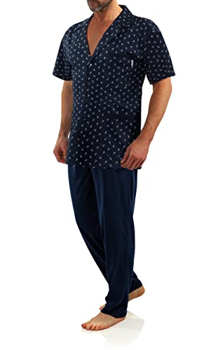 sesto senso Eleganter Kurzarm Pyjama Herren zum Knöpfen Schlafanzug Kurz Baumwolle mit Knopfleiste M2 4XL Anker Dunkel Blau von sesto senso