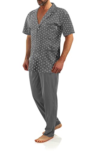 sesto senso Eleganter Kurzarm Pyjama Herren zum Knöpfen Schlafanzug Kurz Baumwolle mit Knopfleiste M2 M Anker Graphit Grau von sesto senso