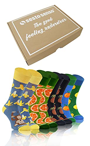 sesto senso Geschenk Socken Lustige 4 Paar Bunte Verrückt Strümpfe Baumwolle Banane Ananas Wassermelone Zitrone Orange 35-38 Früchte von sesto senso