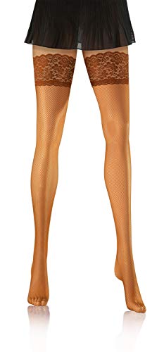 sesto senso Halterlose Netzstrümpfe Spitzenstrümpfe Feinmaschige Strümpfe Spitze 1/2 XS/S Glace Beige Hautfarbe Braun von sesto senso